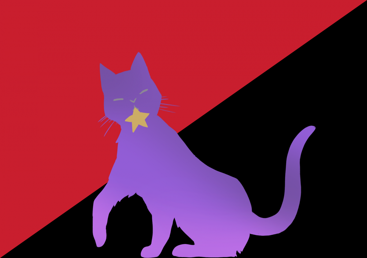 A purple cat in front of the bisected red and black flag. it is biting a yellow star.